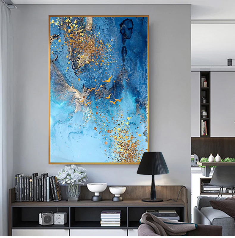 Golden Blue Sea Wall Art Fine Art Canvas Print Modern Abstract Marble Design Picture For Office Interior Living Room Luxury Art Decor