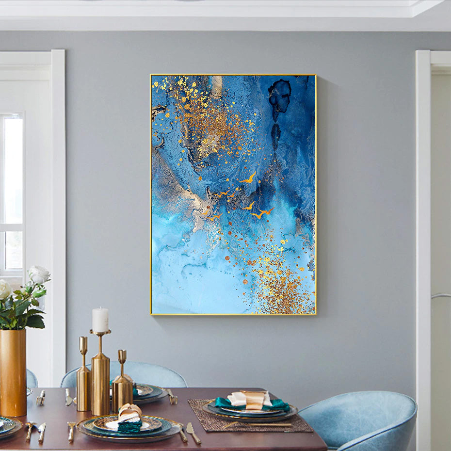 Golden Blue Sea Wall Art Fine Art Canvas Print Modern Abstract Marble Design Picture For Office Interior Living Room Luxury Art Decor