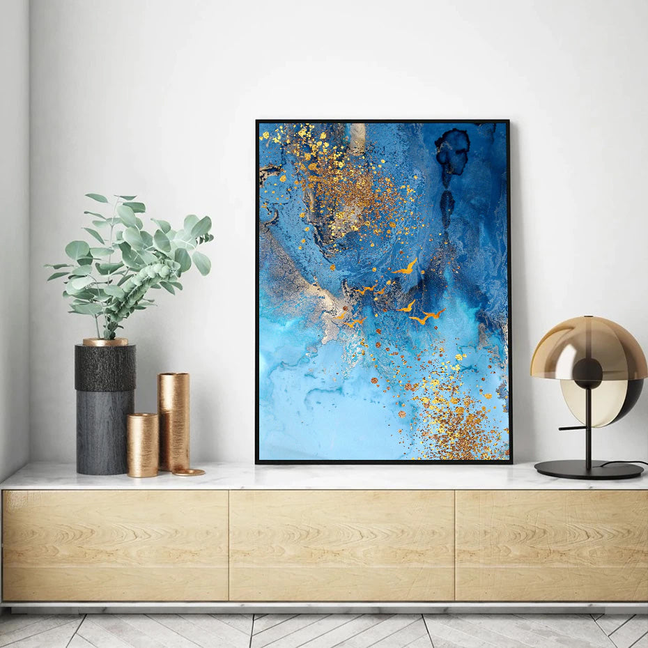 Golden Blue Sea Wall Art Fine Art Canvas Print Modern Abstract Marble Design Picture For Office Interior Living Room Luxury Art Decor