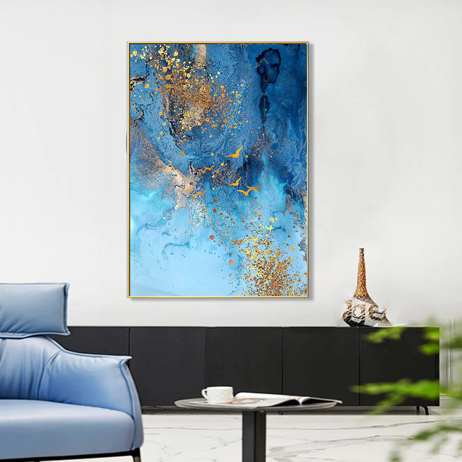 Golden Blue Sea Wall Art Fine Art Canvas Print Modern Abstract Marble Design Picture For Office Interior Living Room Luxury Art Decor