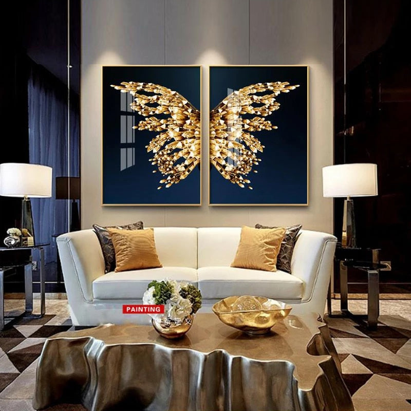 Golden Butterfly Wings Boutique Abstract Wall Art Fine Art Canvas Prints Modern Pictures For Luxury Living Room Bedroom Stylish Glamour Home Decor