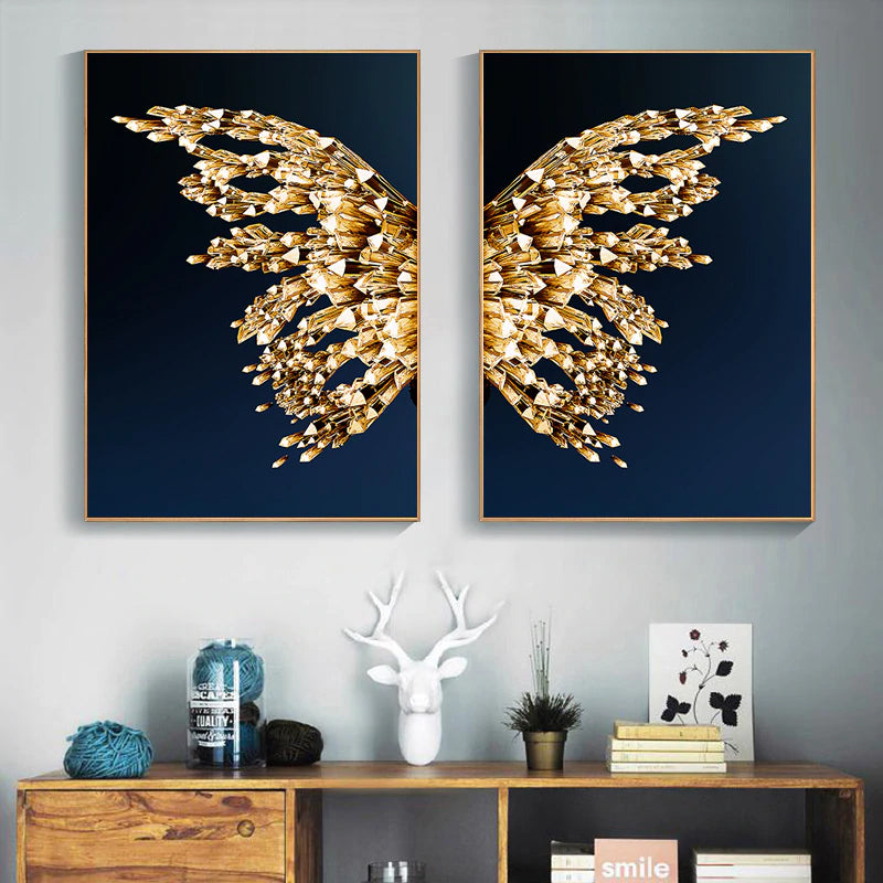 Golden Butterfly Wings Boutique Abstract Wall Art Fine Art Canvas Prints Modern Pictures For Luxury Living Room Bedroom Stylish Glamour Home Decor