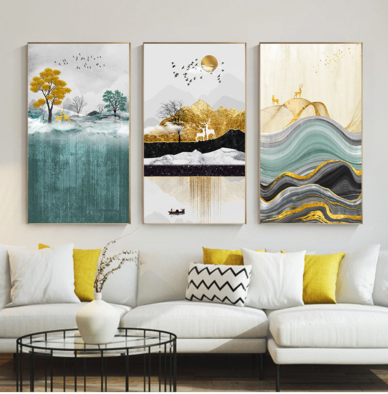 Golden Deer Mountain Landscape Abstract Nordic Wall Art Fine Art Canvas Prints Modern Pictures For Living Room Contemporary Office Home Interior Wall Art Decor