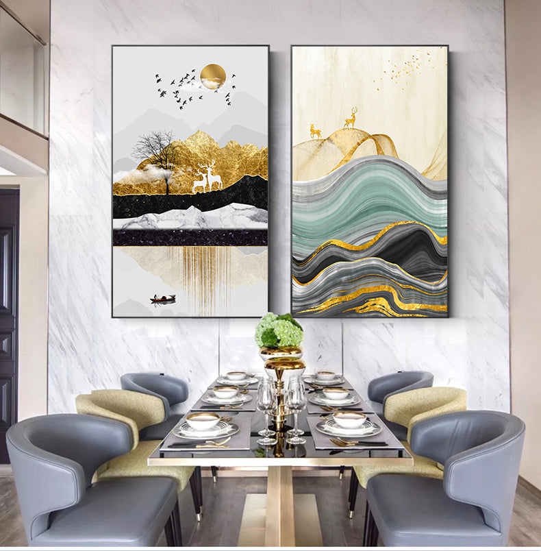 Golden Deer Mountain Landscape Abstract Nordic Wall Art Fine Art Canvas Prints Modern Pictures For Living Room Contemporary Office Home Interior Wall Art Decor