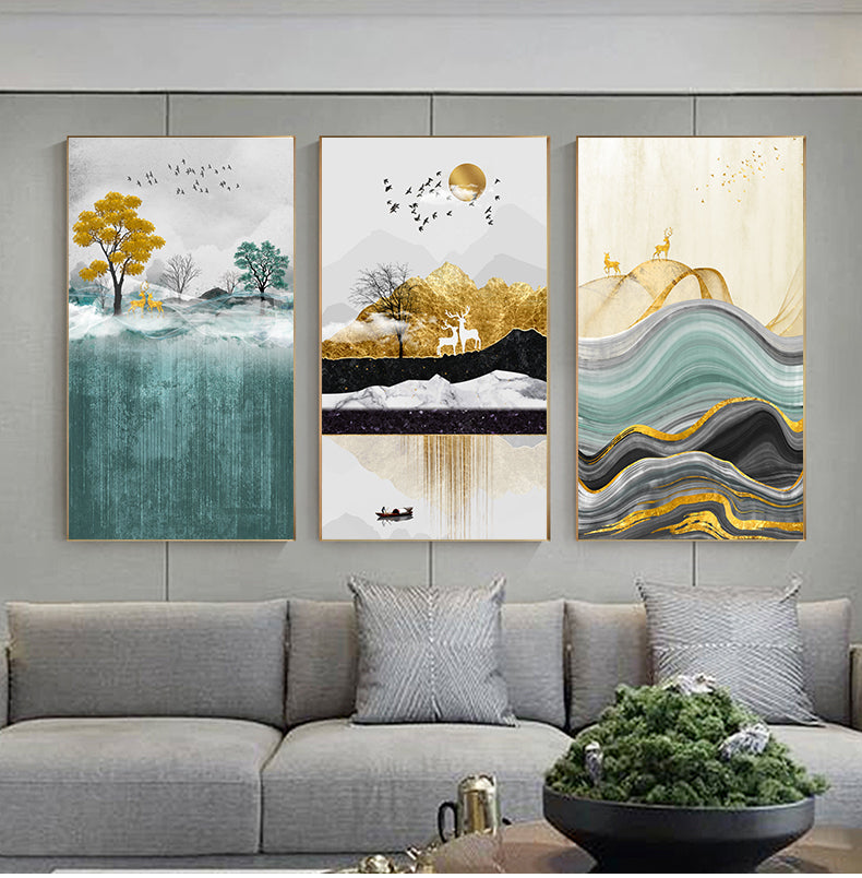 Golden Deer Mountain Landscape Abstract Nordic Wall Art Fine Art Canvas Prints Modern Pictures For Living Room Contemporary Office Home Interior Wall Art Decor