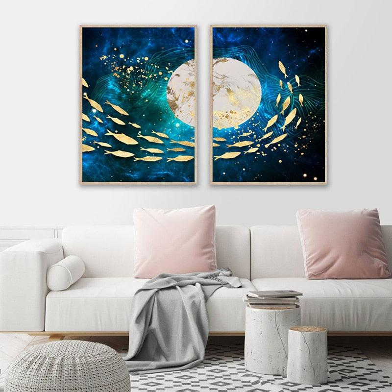 Golden Moon Fish Abstract Aquatic Wall Art Fine Art Canvas Prints Aqua Blue Sea Marine Pictures For Living Room Dining Room Home Loft Office Interior Decor