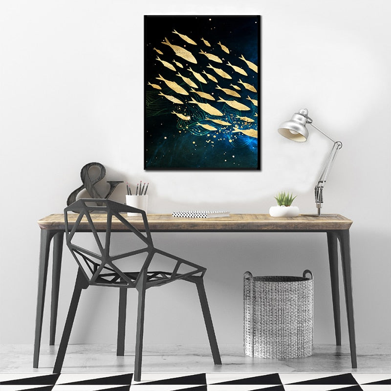 Golden Moon Fish Abstract Aquatic Wall Art Fine Art Canvas Prints Aqua Blue Sea Marine Pictures For Living Room Dining Room Home Loft Office Interior Decor