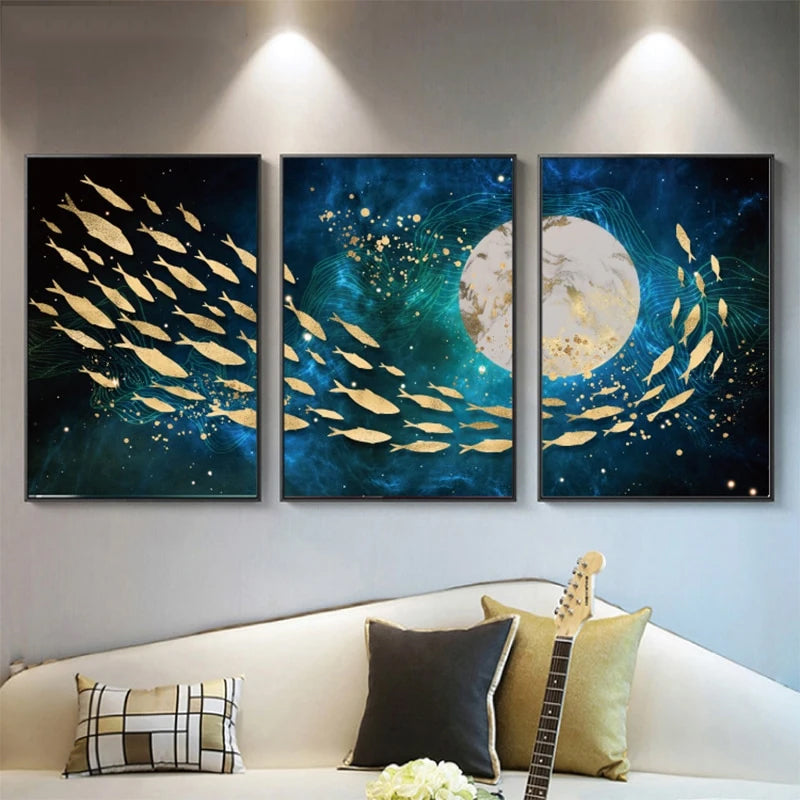 Golden Moon Fish Abstract Aquatic Wall Art Fine Art Canvas Prints Aqua Blue Sea Marine Pictures For Living Room Dining Room Home Loft Office Interior Decor