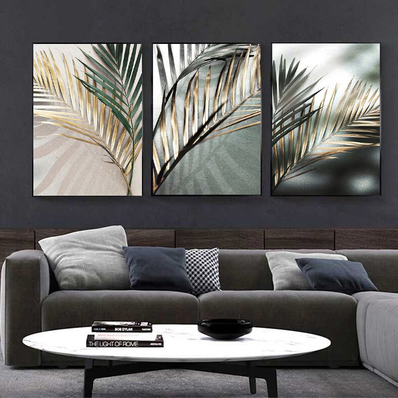 Black Green Golden Palm Leaves Wall Art Fine Art Canvas Prints Modern –