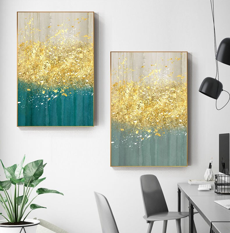 Golden Splash Abstract Wall Art Blue Jade Gold Fine Art Canvas Prints Contemporary Pictures For Modern Home Living Room Wall Decor