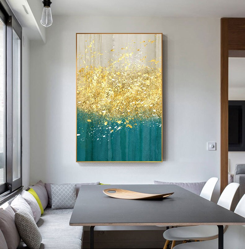 Golden Splash Abstract Wall Art Blue Jade Gold Fine Art Canvas Prints Contemporary Pictures For Modern Home Living Room Wall Decor