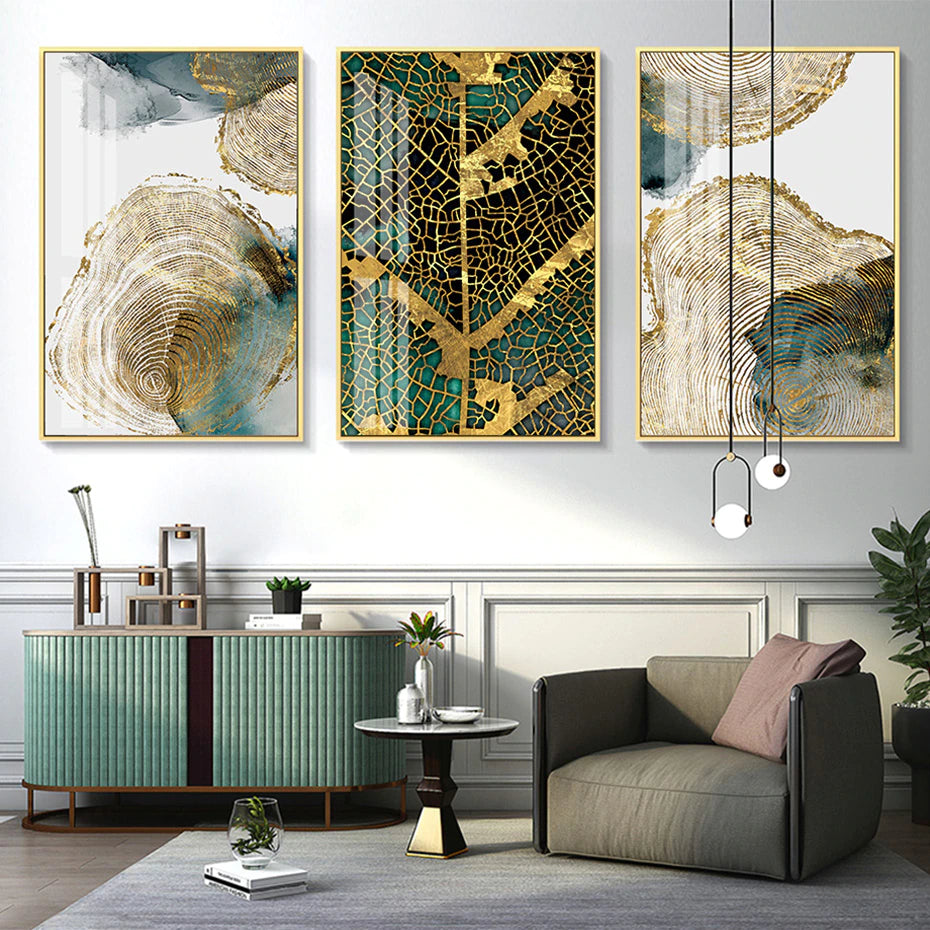 Golden Tree Of Life Wall Art Leaf Veins Wood Rings Nordic Abstract Botanic Organic Nature Fine Art Canvas Prints For Modern Living Room Home Decor