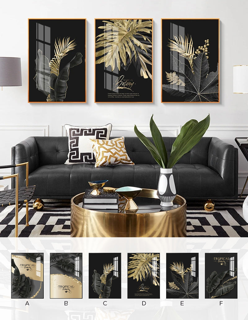 Golden Tropical Botany Luxury Nordic Wall Art Black Gold Leaves Fine Art Canvas Prints Pictures For Living Room Bedroom Modern Home Decor