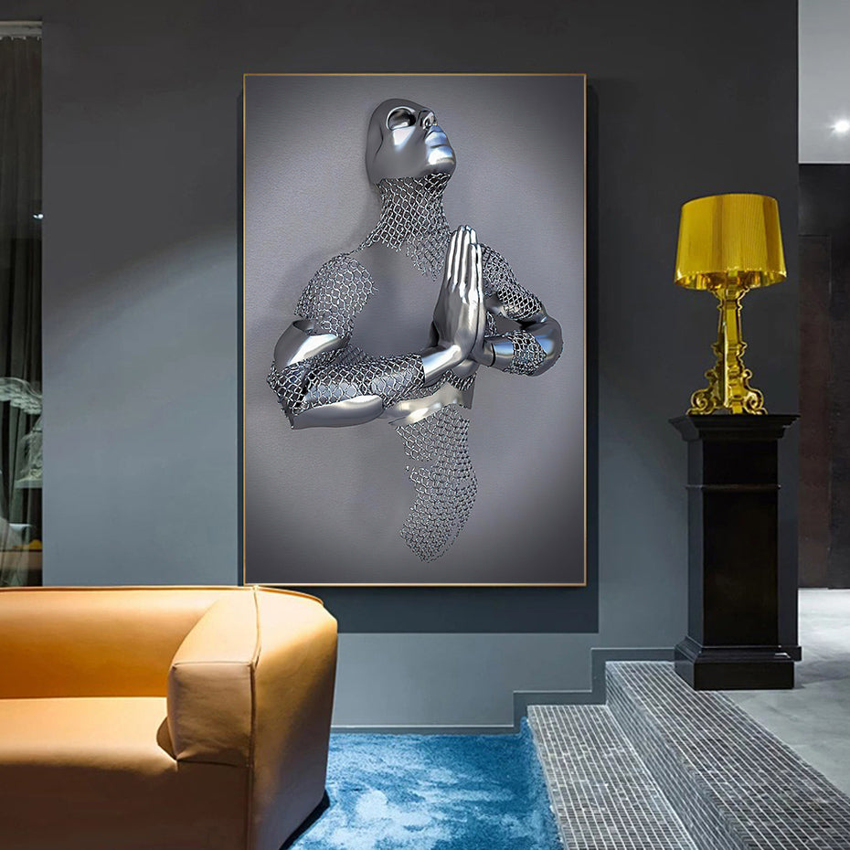 Gray Metallic 3d Effect Cyborg Lovers Figure Art Wall Art Fine Art Canvas Prints Abstract Pictures For Modern Loft Living Room Decor