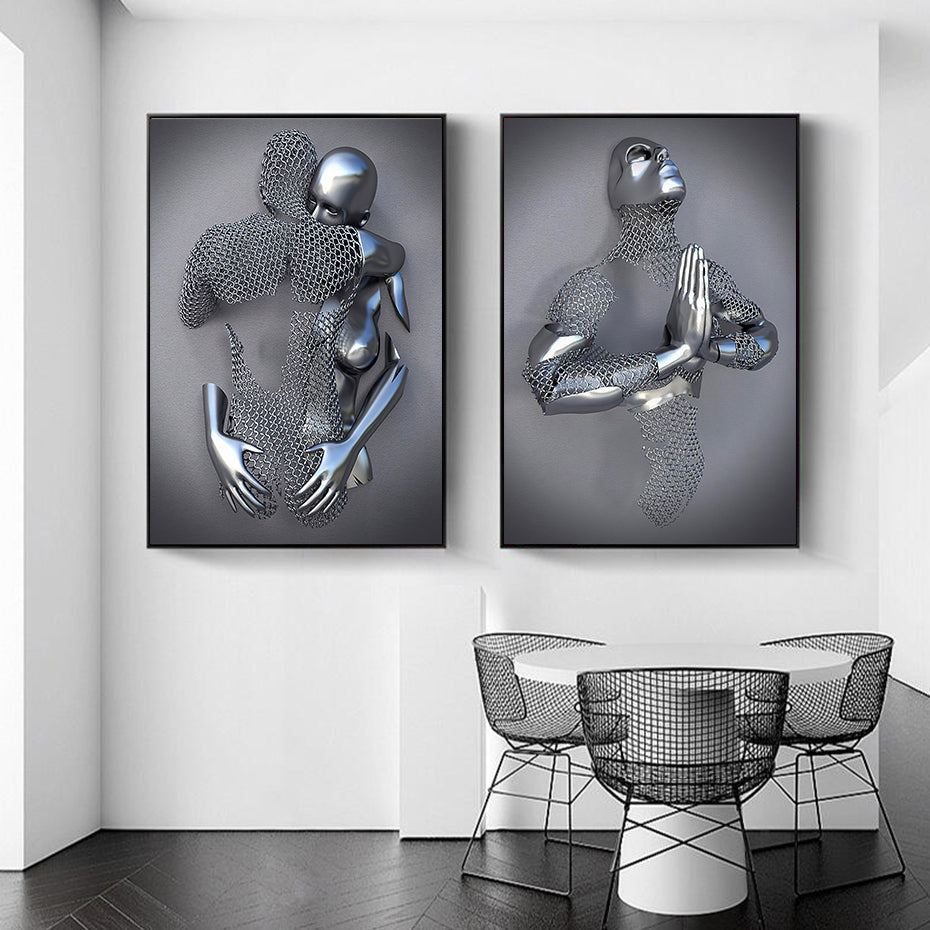 Gray Metallic 3d Effect Cyborg Lovers Figure Art Wall Art Fine Art Canvas Prints Abstract Pictures For Modern Loft Living Room Decor