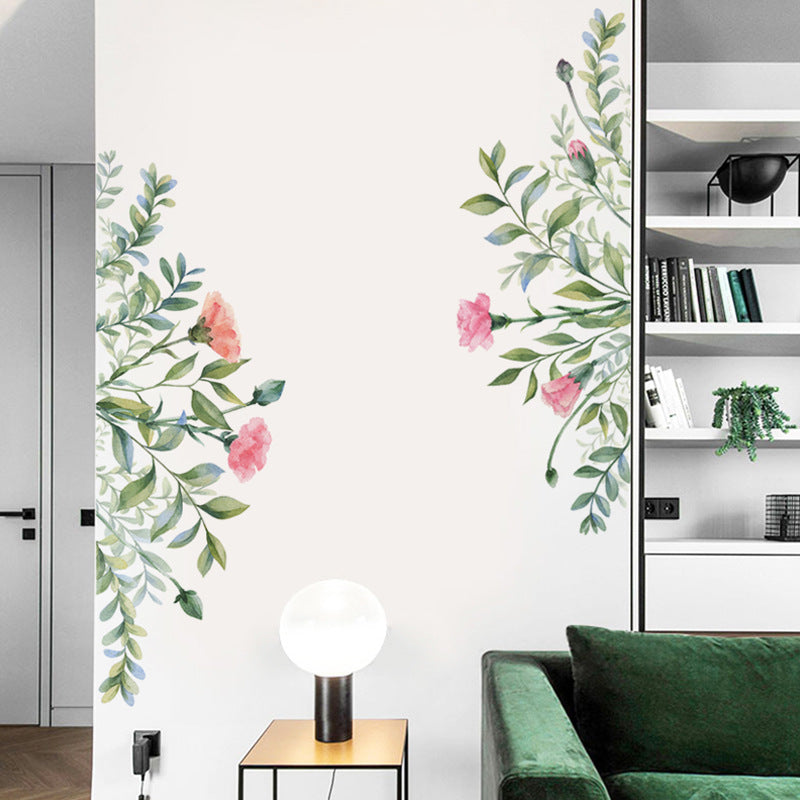 Green Leaves And Flowers Wall Mural Removable PVC Wall Decals For Living Room Bedroom Simple Modern Creative DIY Home Makeover Wall Art Decor
