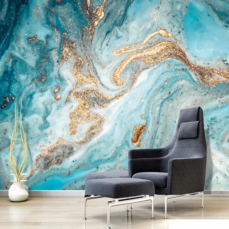 Aqua Blue Liquid Marble Nordic Wall Mural Big Size Abstract Wall Painting Fresco Wall Covering Wallpaper For Modern Living Room Home Decor