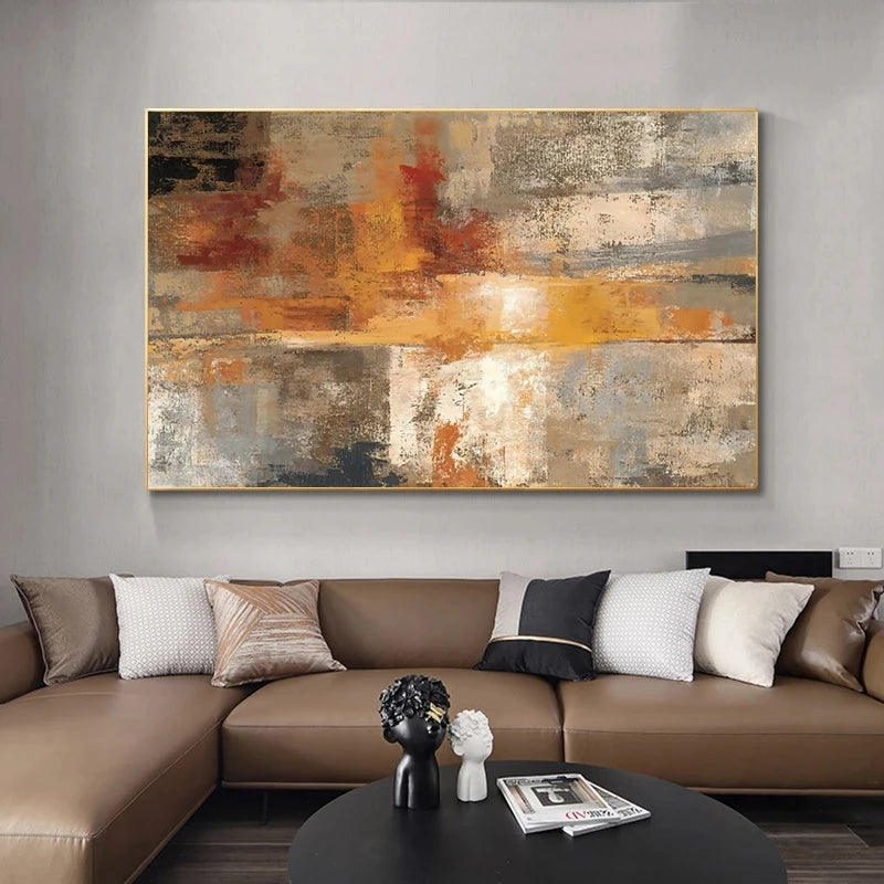 Large Format Abstract Wall Art Fine Art Canvas Prints Beige Gray Orange Neutral Color Contemporary Wall Decor Picture For Modern Living Room Decor