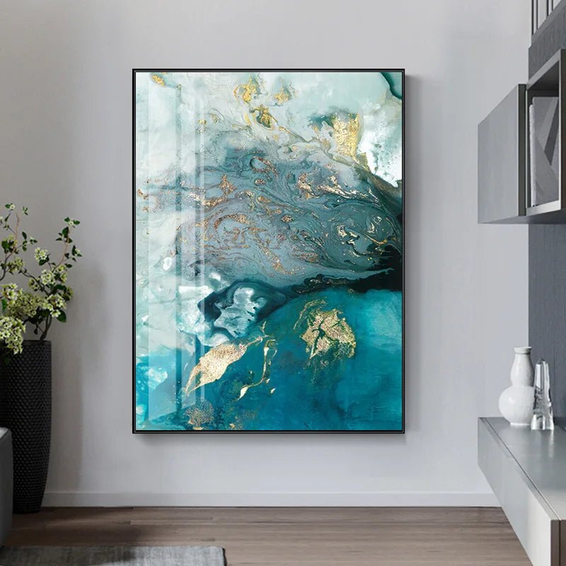 Abstract Aqua Blue Green Jade Golden Liquid Marble Print Wall Art Fine Art Canvas Prints Pictures For Luxury Living Room Art Decor