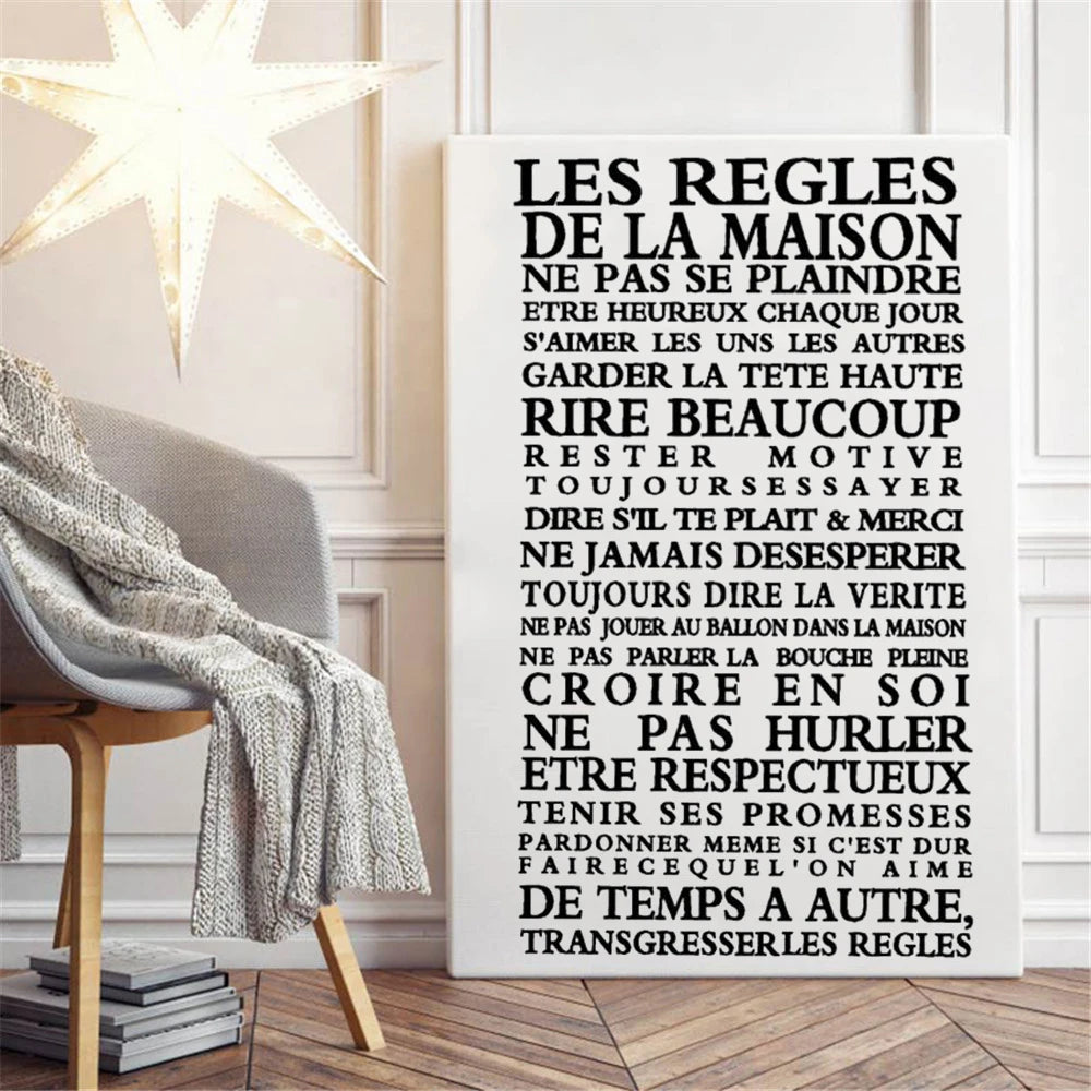 Les Regles House Rules In French Wall Sticker Removable Peel and Stick Vinyl Wall Decal Typographic Mural For Kitchen Living Room Dining Room Creative DIY Wall Decor
