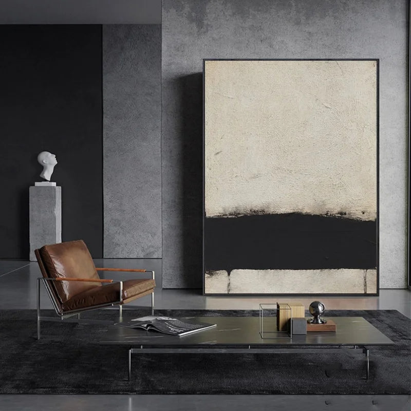 Hand Painted  Modern Abstract Beige Black Minimalist Wall Art For Living Room Bedroom Home Office Decor - Acrylic Painting On Canvas