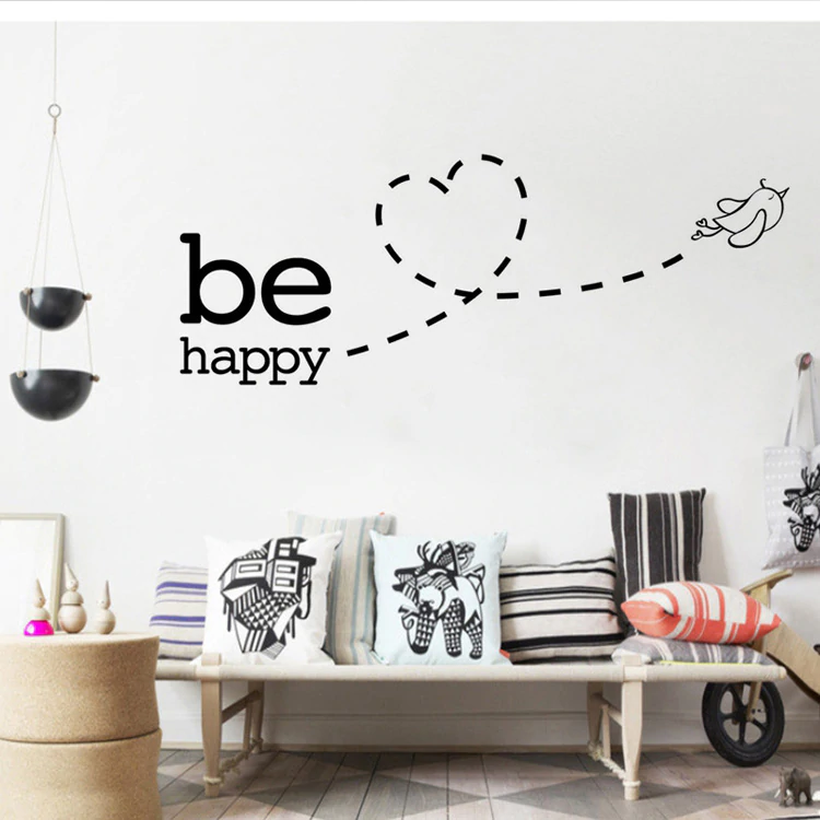 Happy Bird Wall Mural Be Happy Positive Affirmation Wall Art Decal Removable PVC Wall Sticker For Living Room Bedroom Wall Art Decor