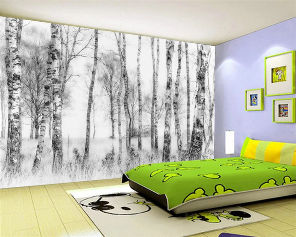 Black & White Woodland Landscape Wall Mural Big Format Custom Sizes Nordic Wall Covering Creative DIY Wall Decor For Living Room