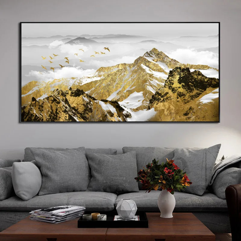 Golden Mountain Landscape Wall Art Fine Art Canvas Print Auspicious Pictures For Luxury Living Room Dining Room Home Office Hotel Art Decor