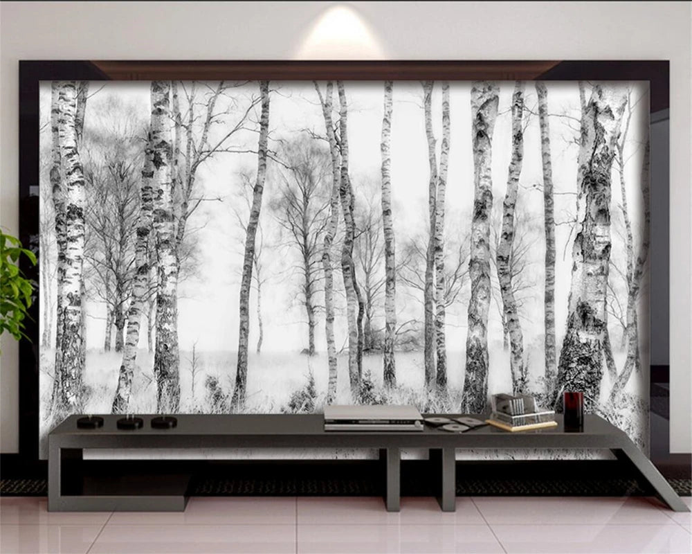 Black & White Woodland Landscape Wall Mural Big Format Custom Sizes Nordic Wall Covering Creative DIY Wall Decor For Living Room