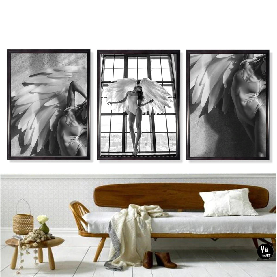 Heavenly Girl With Angels Wings Black White Wall Art Fine Art Canvas Prints Modern Scandinavian Style Pictures For Living Room Interior Decor