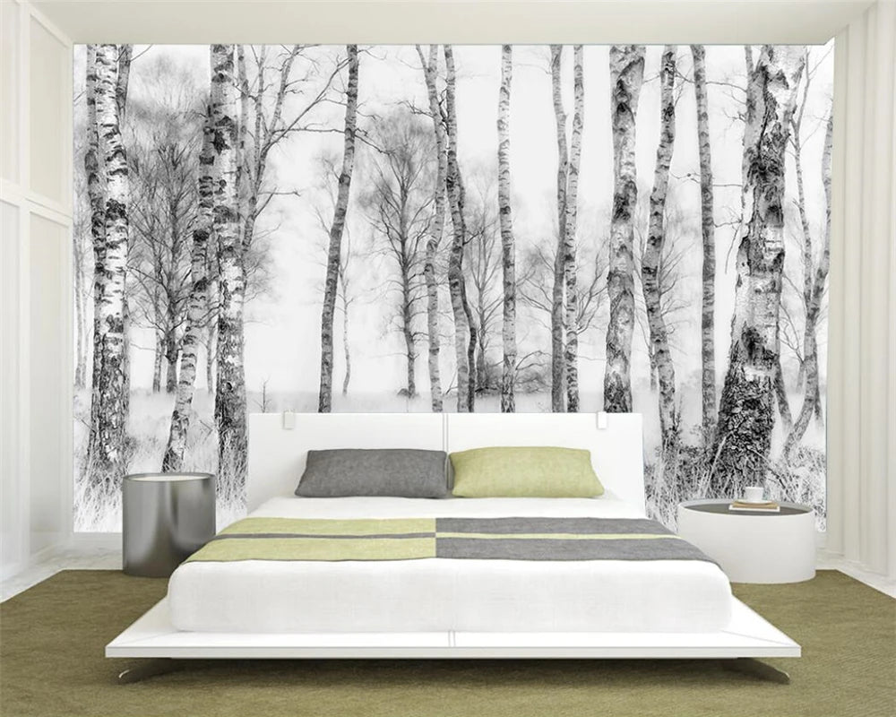 Black & White Woodland Landscape Wall Mural Big Format Custom Sizes Nordic Wall Covering Creative DIY Wall Decor For Living Room