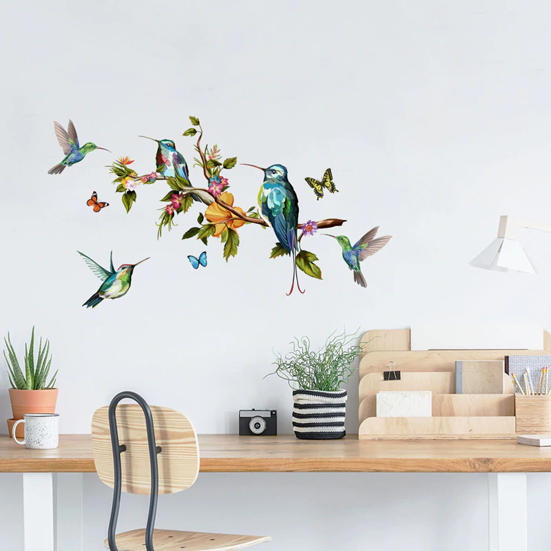 Hummingbirds and Butterflies Colorful Wall Mural Removable PVC Wall Decal For Living Room Kitchen Playroom Creative DIY Wall Decoration