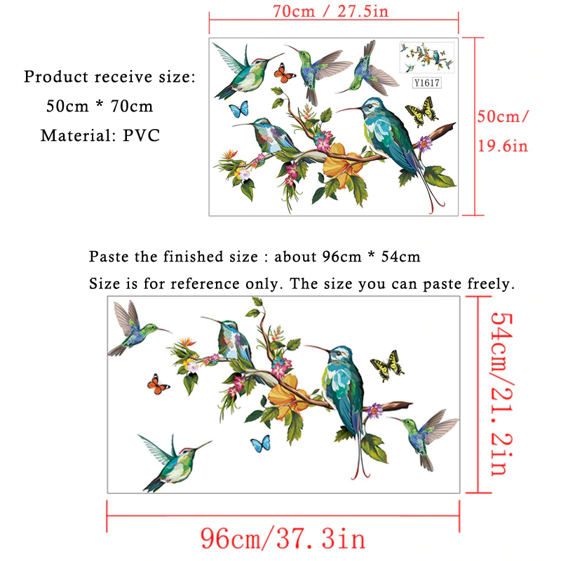 Hummingbirds and Butterflies Colorful Wall Mural Removable PVC Wall Decal For Living Room Kitchen Playroom Creative DIY Wall Decoration