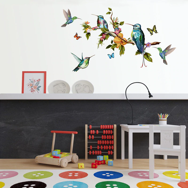 Hummingbirds and Butterflies Colorful Wall Mural Removable PVC Wall Decal For Living Room Kitchen Playroom Creative DIY Wall Decoration