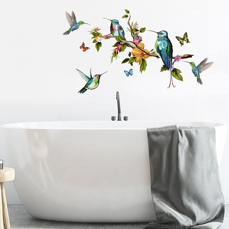 Hummingbirds and Butterflies Colorful Wall Mural Removable PVC Wall Decal For Living Room Kitchen Playroom Creative DIY Wall Decoration