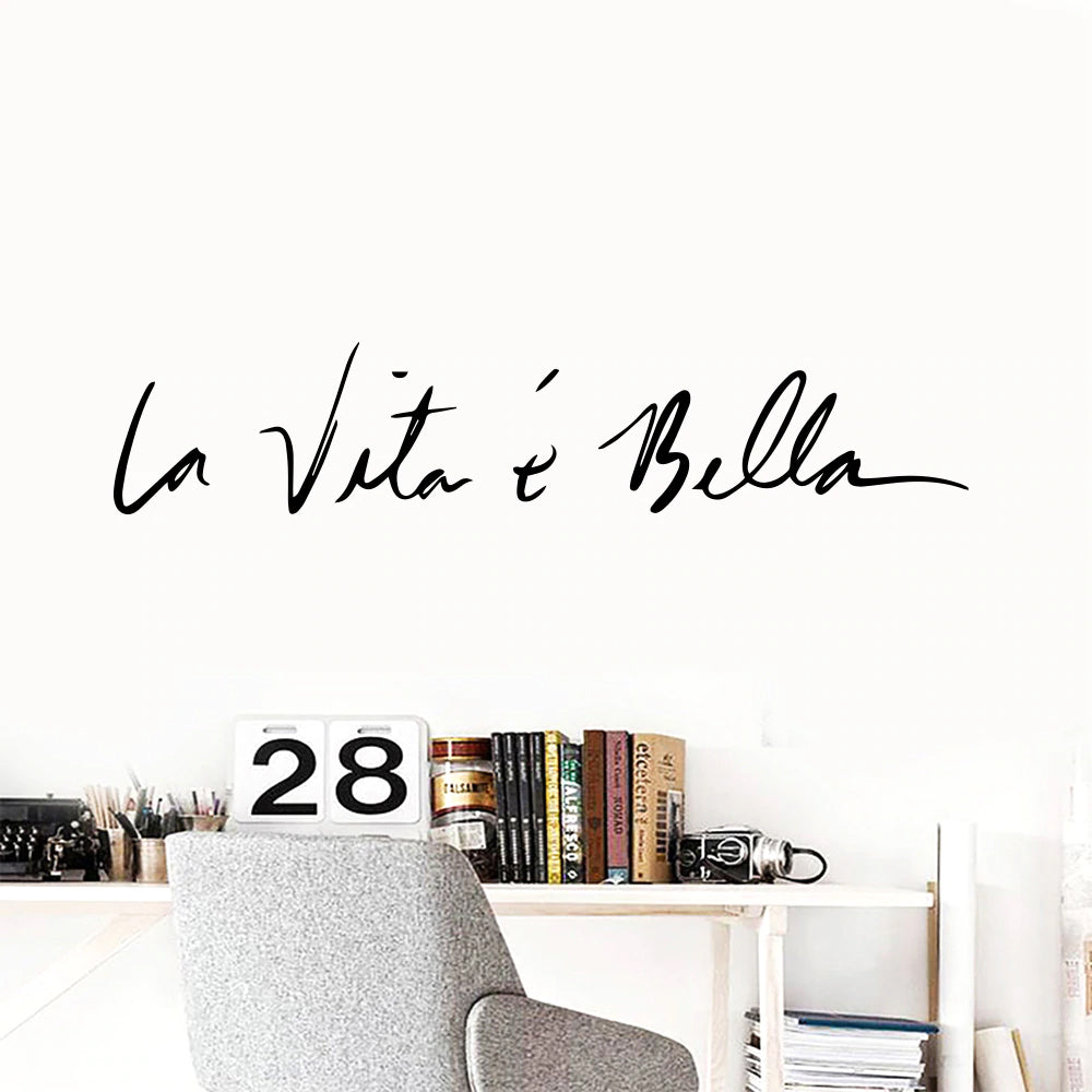 La Vita e Bella Life Is Beautiful Italian Expression Quote Wall Decal Nordic Style Wall Art Famous Italian Phrases Removable PVC Wall Sticker Creative DIY Bedroom Decor