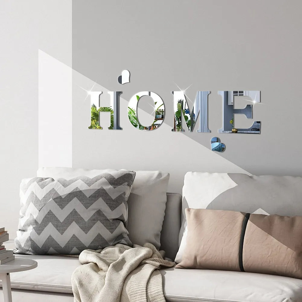 Large Mirrored HOME Letters Self Adhesive Removable Wall Stickers Creative DIY Wall Decoration For Living Room Kitchen Wall Decor