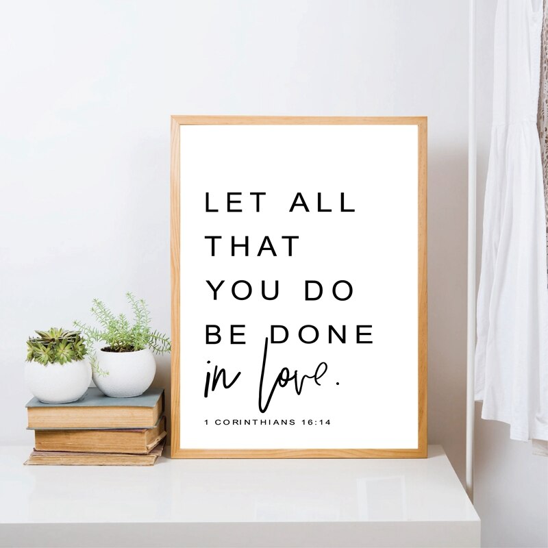 Let All That You Do Be Done In Love Famous Verse Wall Art Fine Art Canvas Print Black & White Minimalist Typographic Poster For Living Room Bedroom Wall Decor