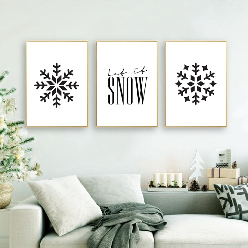 Let It Snow Quote Snowflake Wall Art Black White Fine Art Canvas Prints Minimalist Nordic Posters For Living Room Dining Room Scandinavian Home Decor