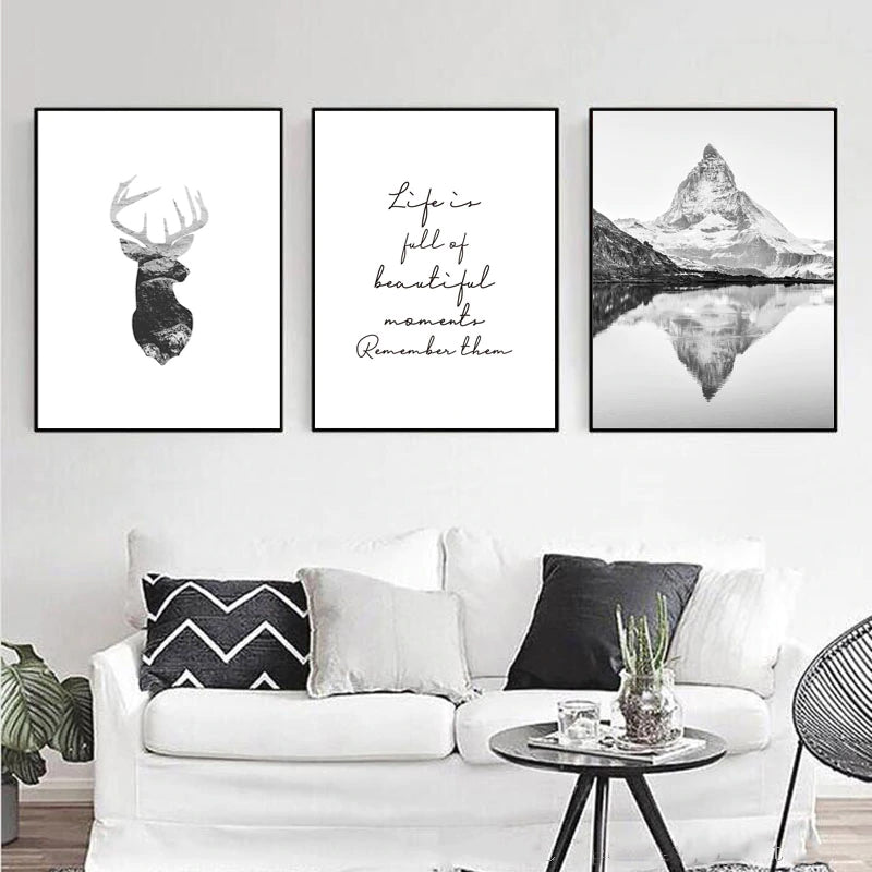 Life Is Full Of Beautiful Moments Inspirational Quotes Nordic Wall Art Mountains Deer Black White Fine Art Canvas Prints Modern Home Decor