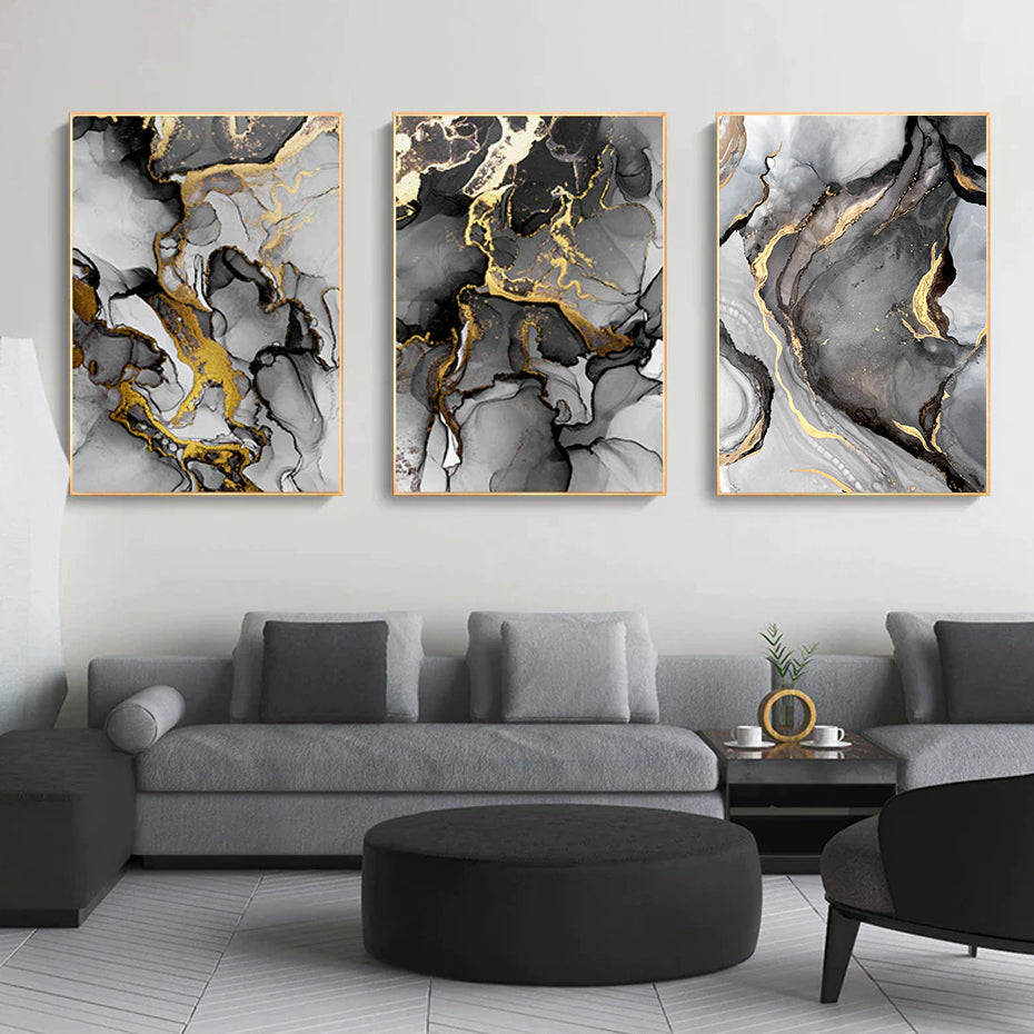 Liquid Golden Gray Marble Print Wall Art Fine Art Canvas Prints Abstract Fashion Pictures For Luxury Living Room Nordic Home Office Art Decor