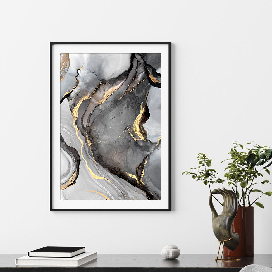 Liquid Golden Gray Marble Print Wall Art Fine Art Canvas Prints Abstract Fashion Pictures For Luxury Living Room Nordic Home Office Art Decor