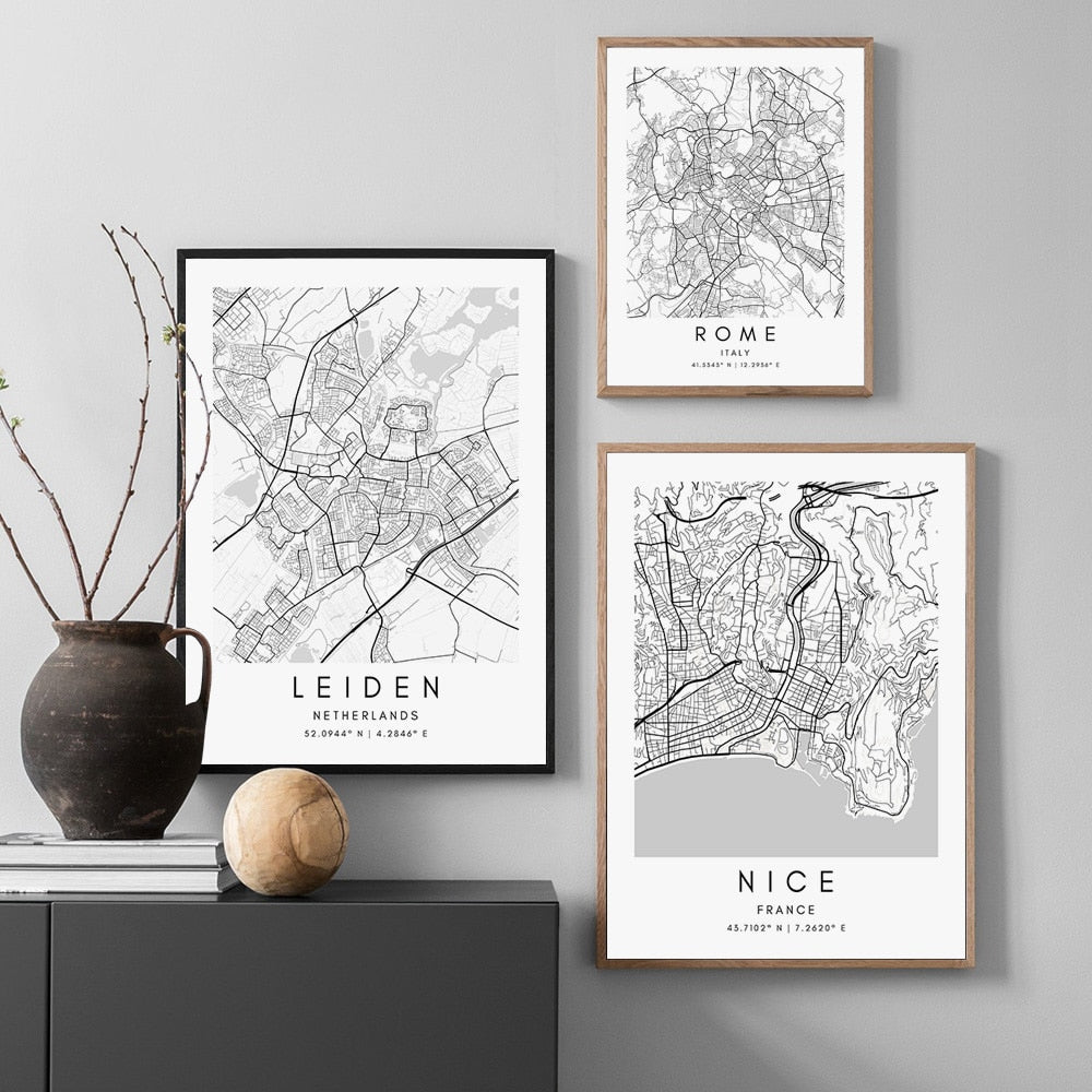 London Paris Amsterdam City Maps Wall Art Fine Art Canvas Print CUSTOM City Map Picture Minimalist Black White Nordic Style Home Office Interior Decor