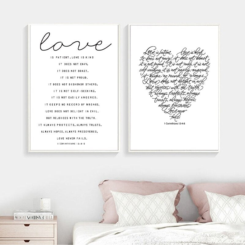 Love Is Patient Love Is Kind Quote Wall Art Black & White Heart Shaped Typographic Handwritten Poster Print Romantic Gift For Friend Or Family