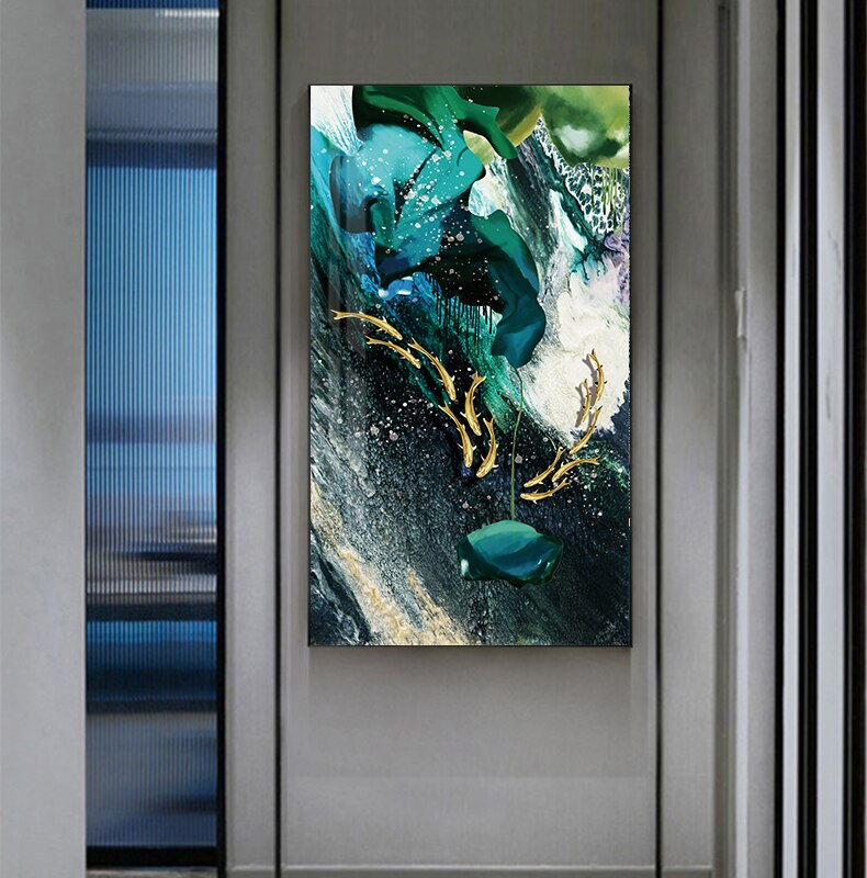 Luxury Abstract Nordic Wall Art Lucky Golden Fish Green Blue Contemporary Fine Art Canvas Prints Luxury Home Office Wall Art Decor