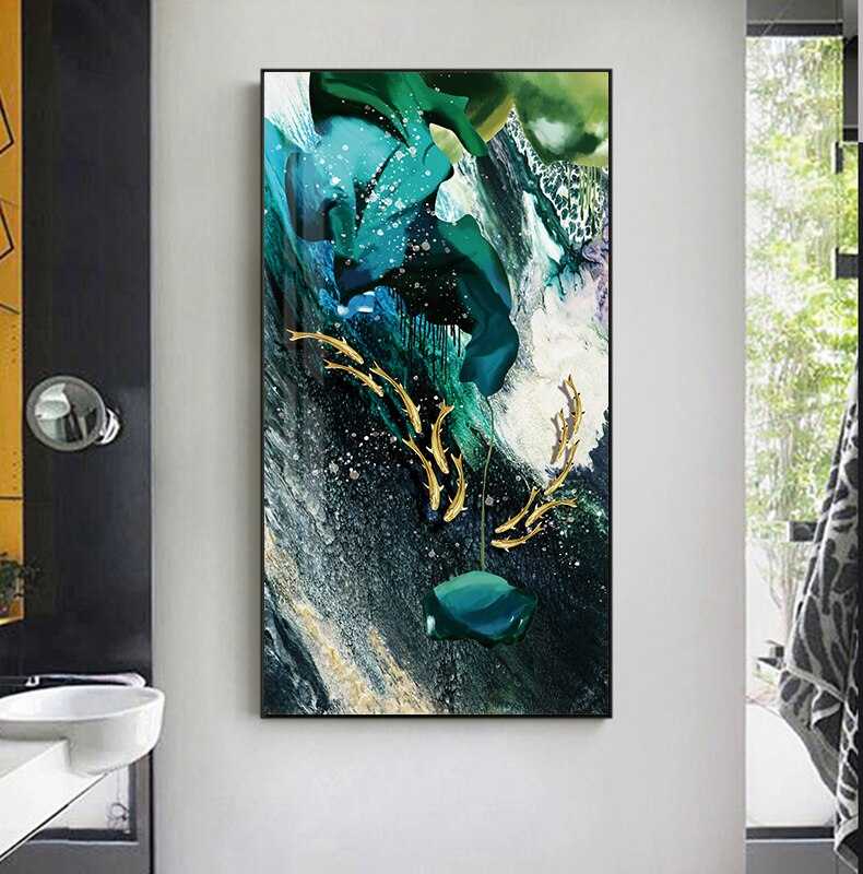 Luxury Abstract Nordic Wall Art Lucky Golden Fish Green Blue Contemporary Fine Art Canvas Prints Luxury Home Office Wall Art Decor