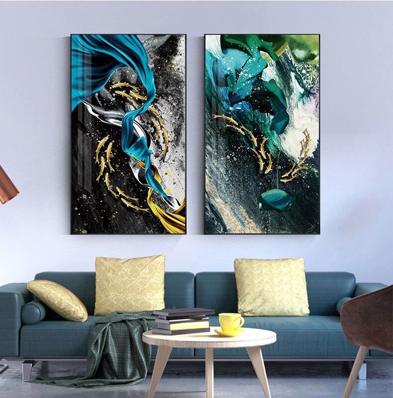 Luxury Abstract Nordic Wall Art Lucky Golden Fish Green Blue Contemporary Fine Art Canvas Prints Luxury Home Office Wall Art Decor