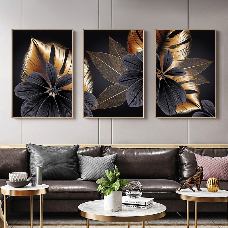 Luxury Black Golden Leaf Canvas Prints | Modern Abstract Tropical Bota ...