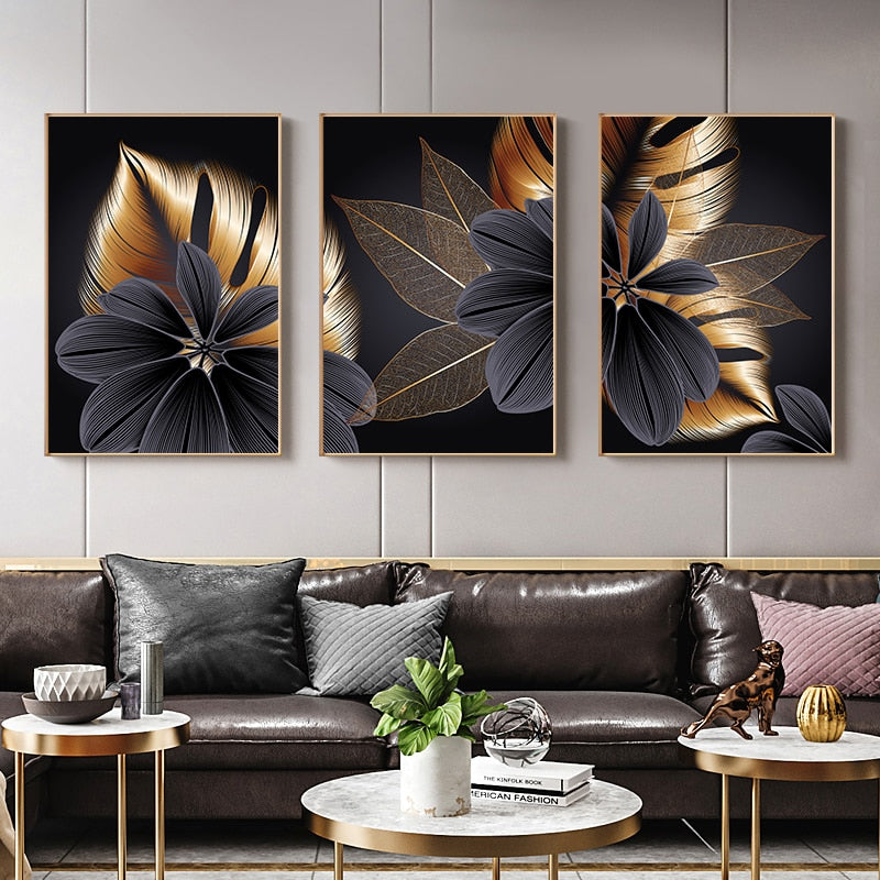 Luxury Black Golden Leaf Wall Art Fine Art Canvas Prints Modern Abstract Tropical Botanical Upscale Pictures For Living Room Loft Apartment Home Office Decor