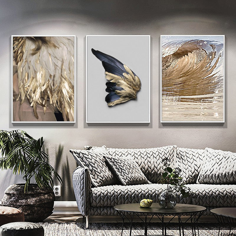 Luxury Gold Wing Wall Art Golden Feathers Shimmering Wave Fine Art Canvas Prints Nordic Pictures Living Room Bedroom Glam Home Decor